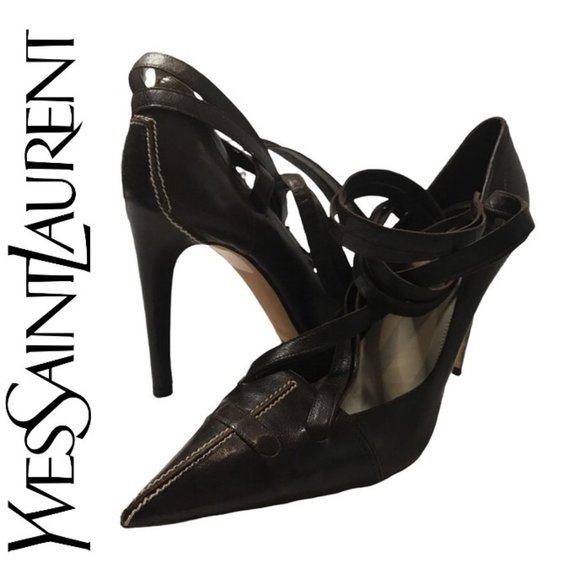 YSL Yves Saint Laurent VINTAGE BROWN LEATHER STRAPPY POINTED-TOE Heels Size 38! - Picture 1 of 12